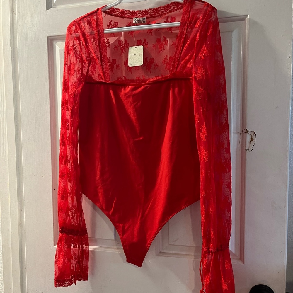 Red Lace Long Sleeve Bodysuit